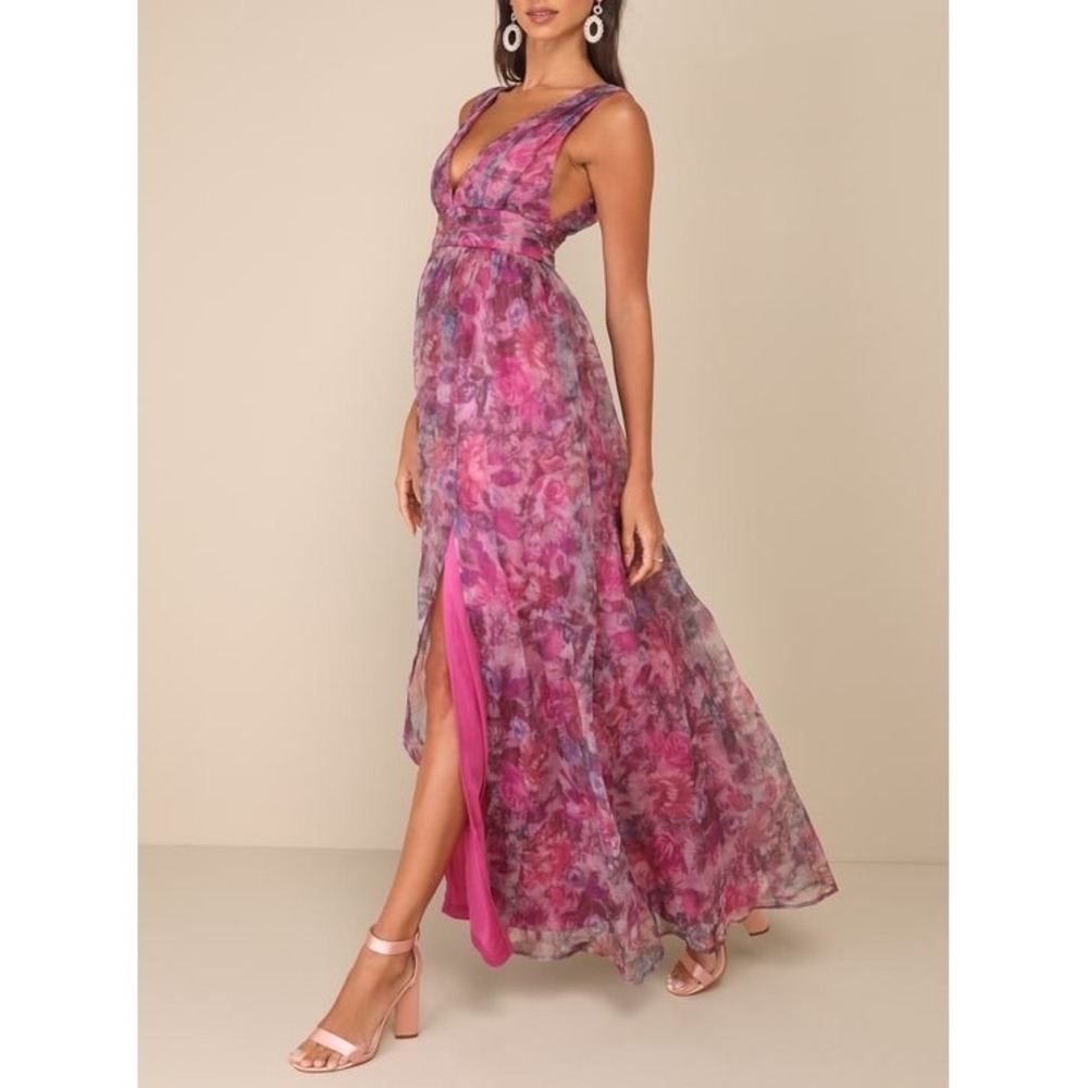 NWT Lulus Garden Romance Magenta Floral Print Organza Maxi Dress Small